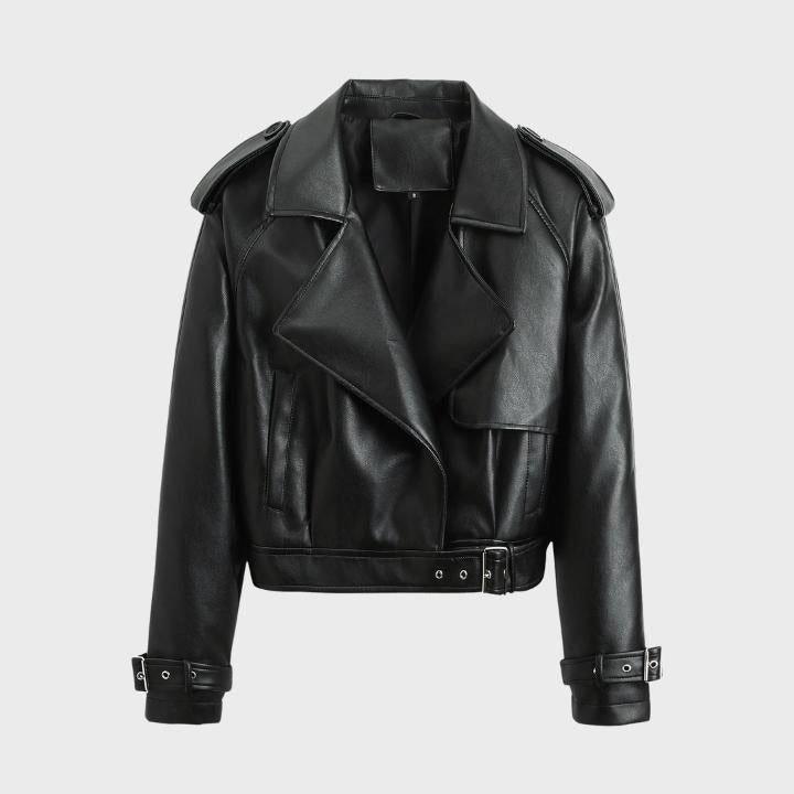 Cropped Wide Collar Biker Jacket for Women
