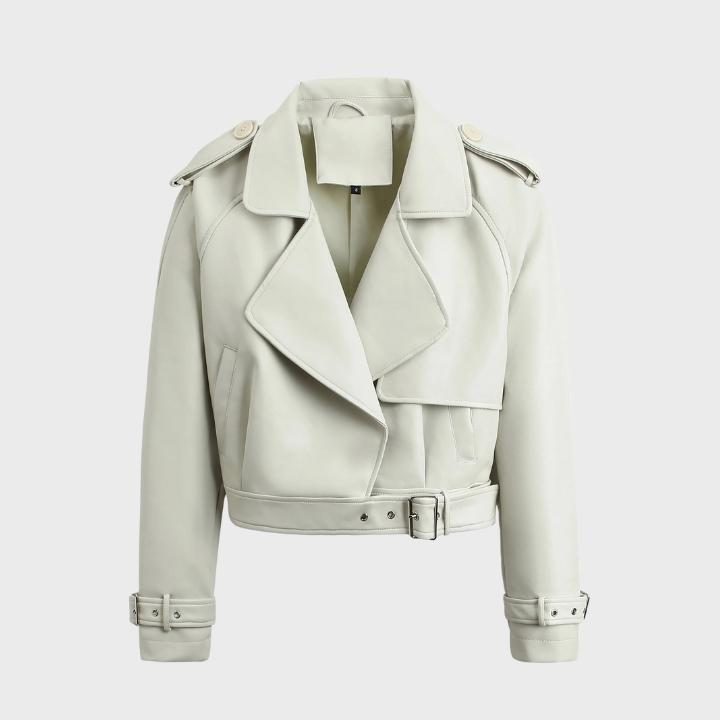 Cropped Wide Collar Biker Jacket for Women - White