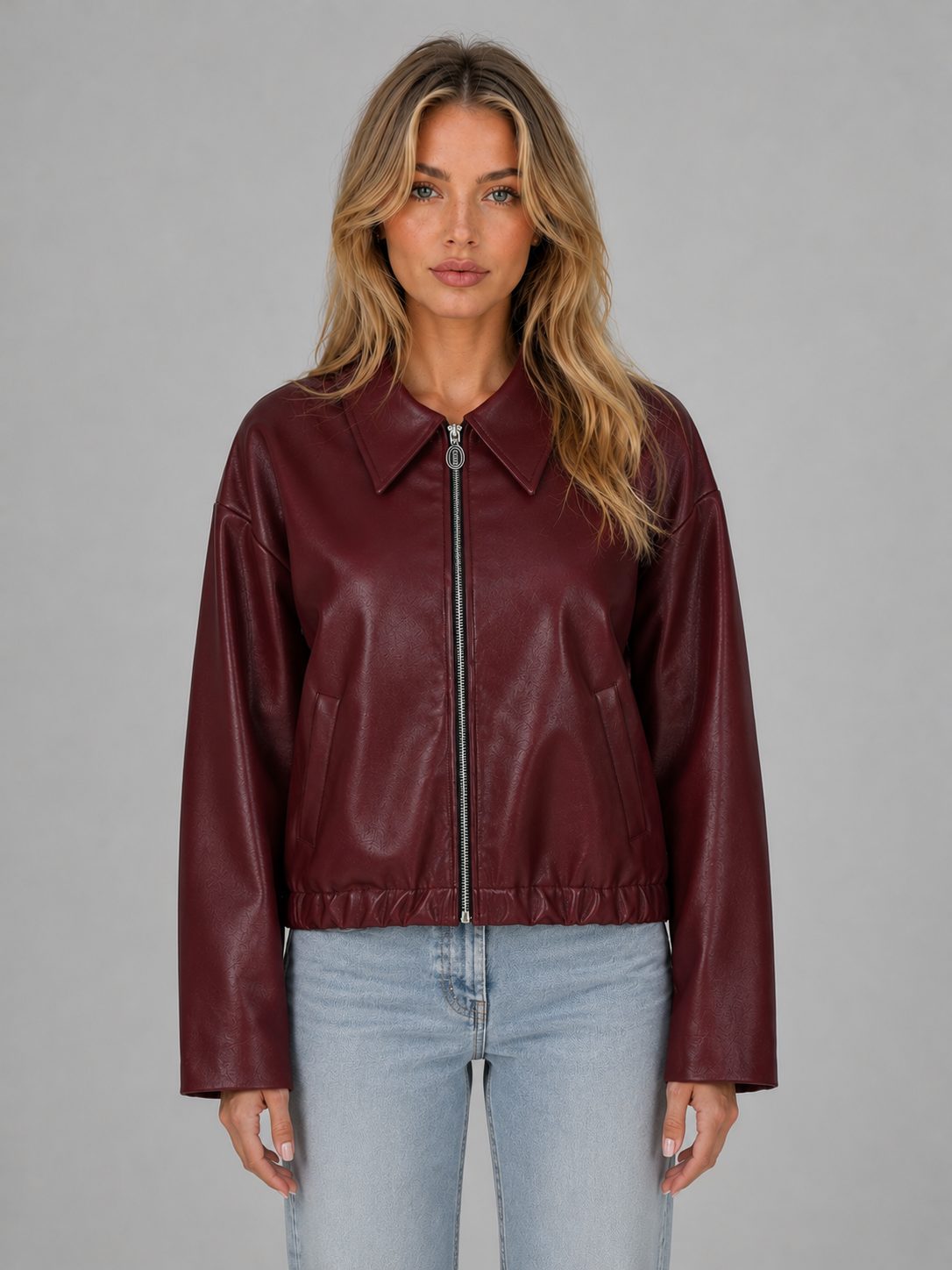 Cropped Zip Leather Jacket with Collar for Women