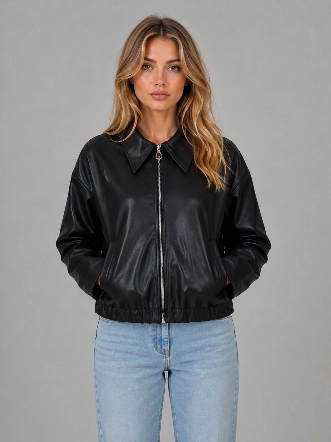 Cropped Zip Leather Jacket with Collar for Women - Black