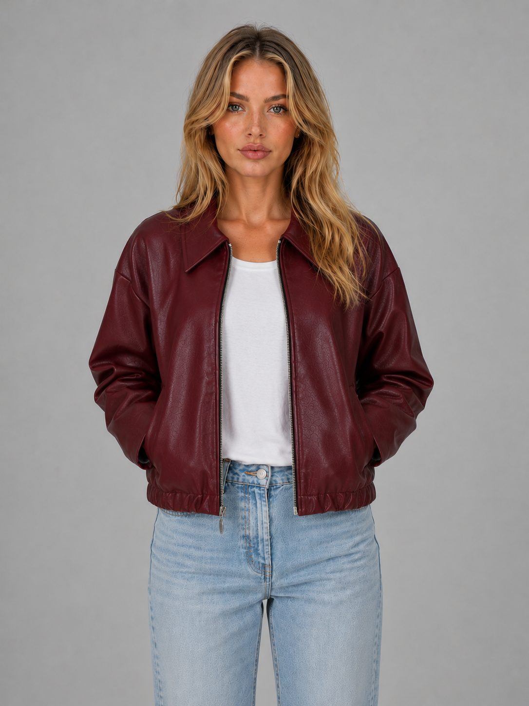 Cropped Zip Leather Jacket with Collar for Women - View 2