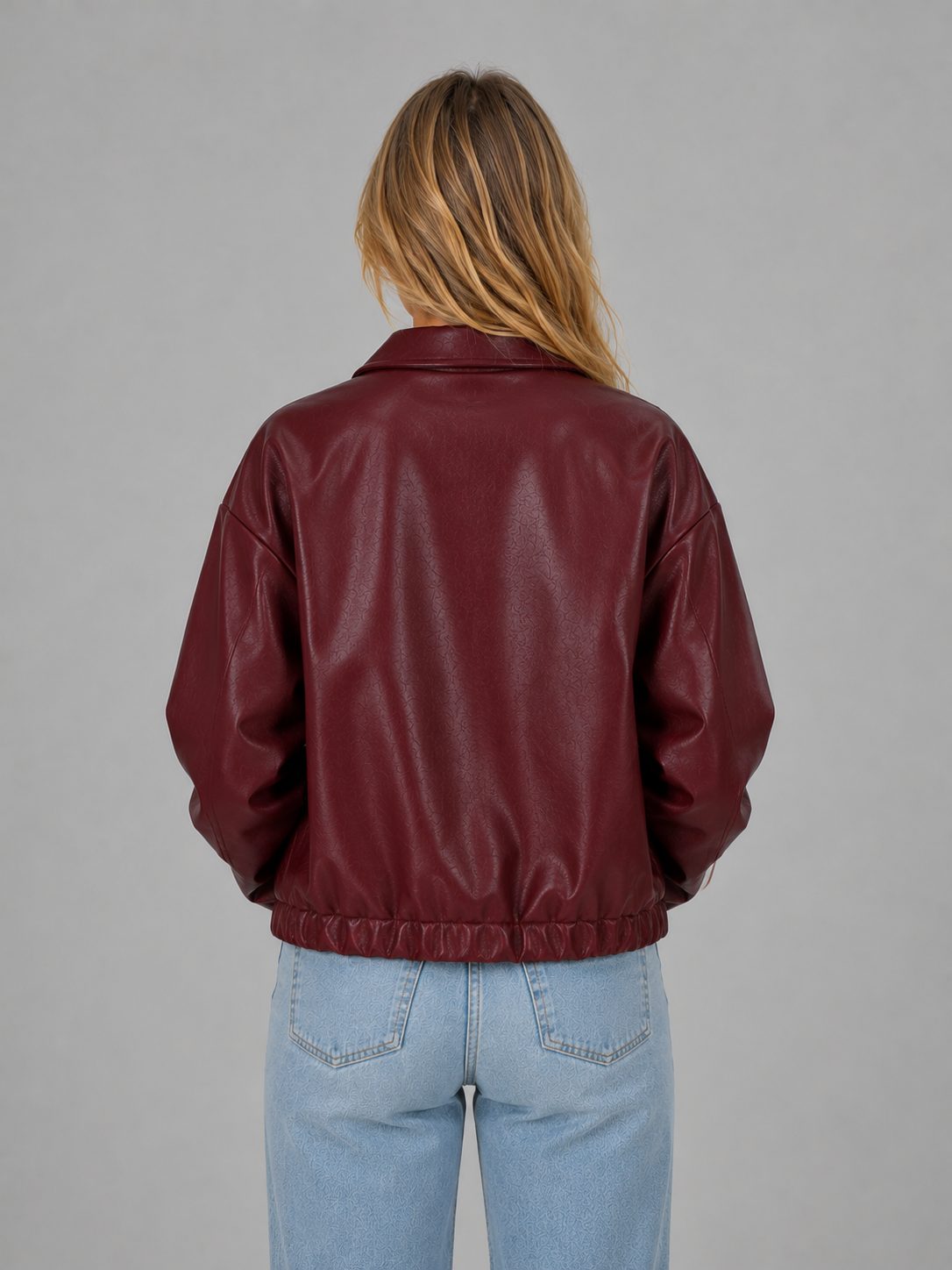 Cropped Zip Leather Jacket with Collar for Women - View 3