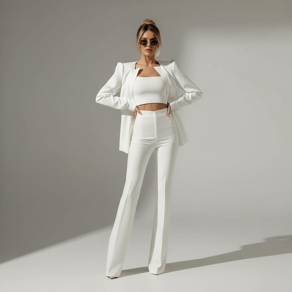 Cropped Zip-Up Blazer and High Waist Wide Leg Trousers Set for Women