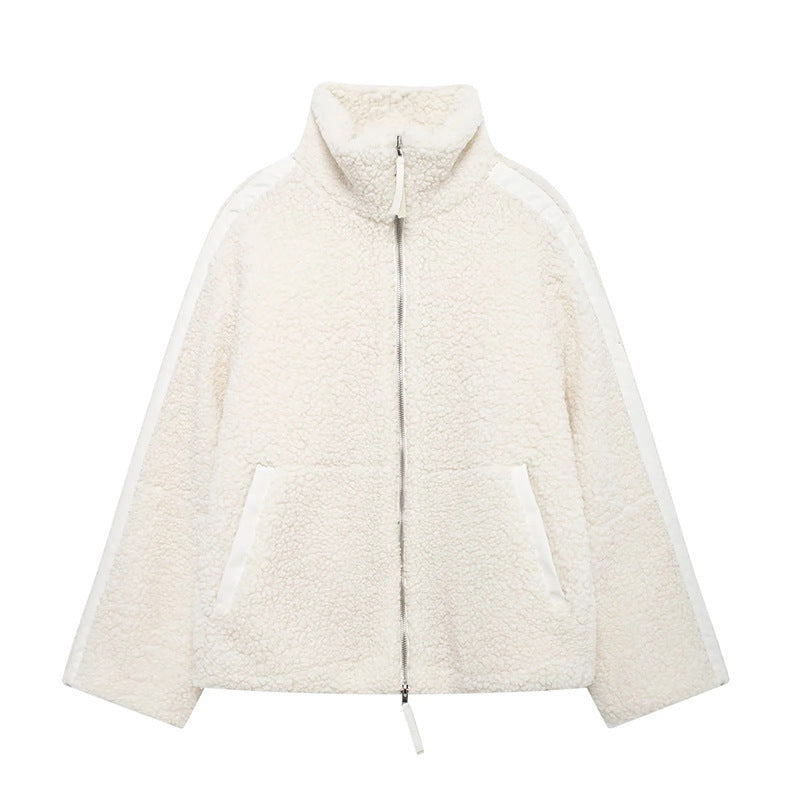 Teddy Zip Up Jacket with Stripe Detail for Women