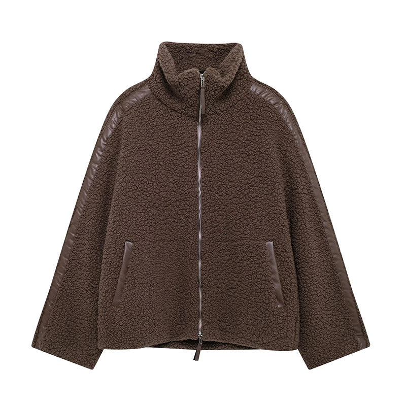 Teddy Zip Up Jacket with Stripe Detail for Women