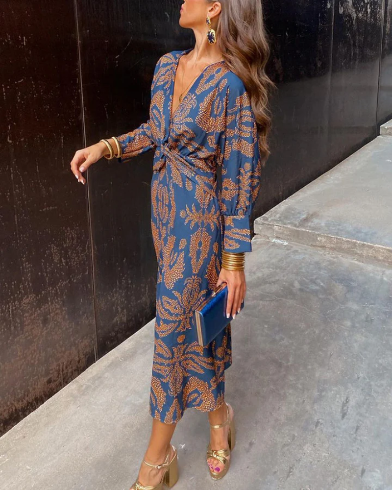 Long Sleeve V-Neck Belted Wedding Guest Maxi Dress for Women