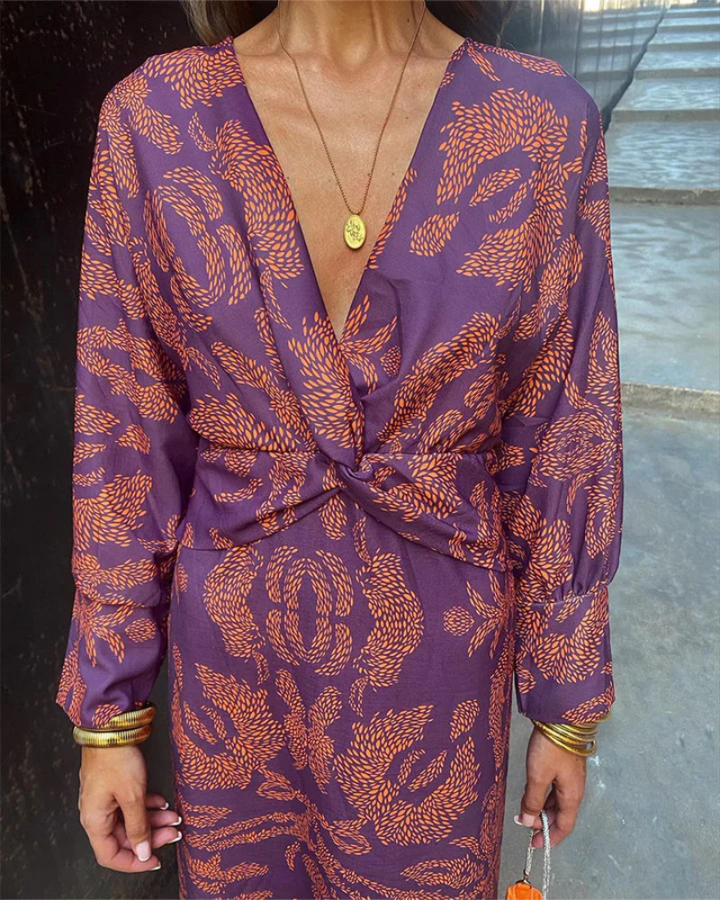 Long Sleeve V-Neck Belted Wedding Guest Maxi Dress for Women