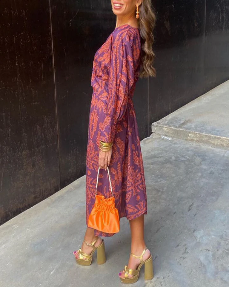 Long Sleeve V-Neck Belted Wedding Guest Maxi Dress for Women