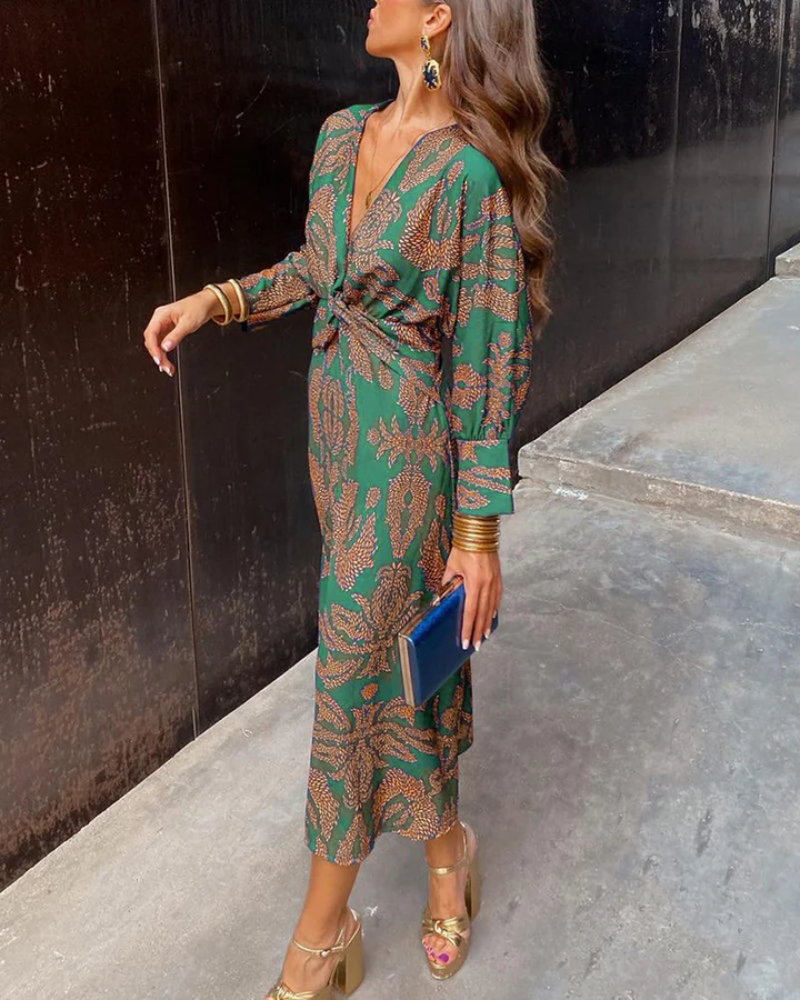 Long Sleeve V-Neck Belted Wedding Guest Maxi Dress for Women