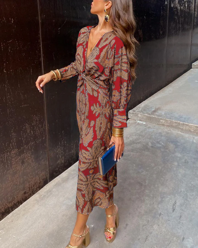 Long Sleeve V-Neck Belted Wedding Guest Maxi Dress for Women