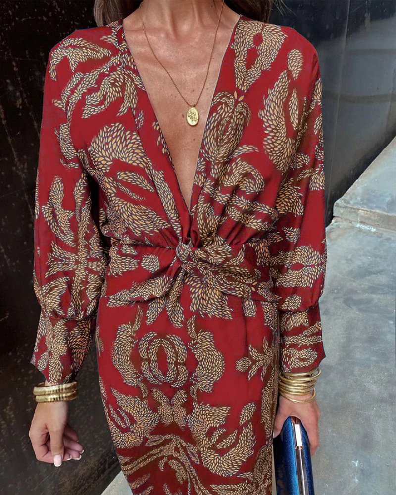 Long Sleeve V-Neck Belted Wedding Guest Maxi Dress for Women
