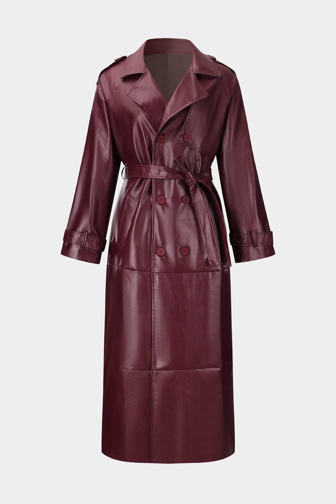 Leather Double-Breasted Maxi Trench Coat with Belt for Women