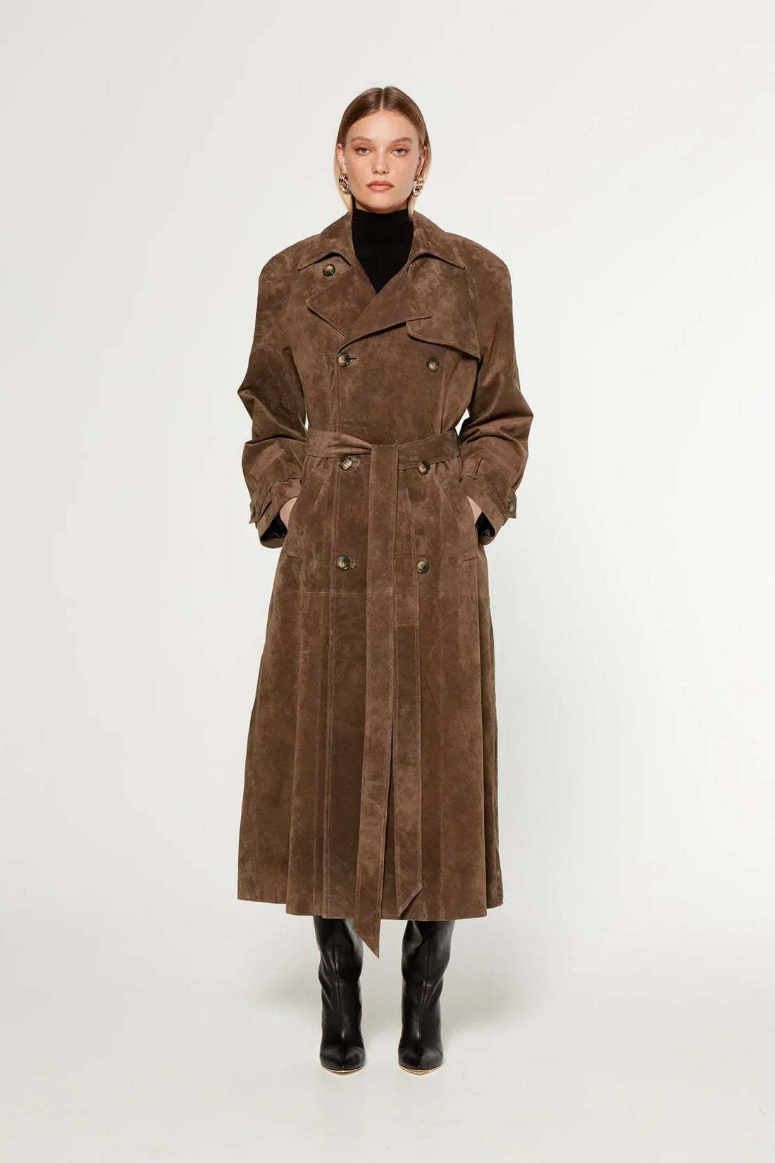Double-Breasted Belted Suede Trench Coat for Women