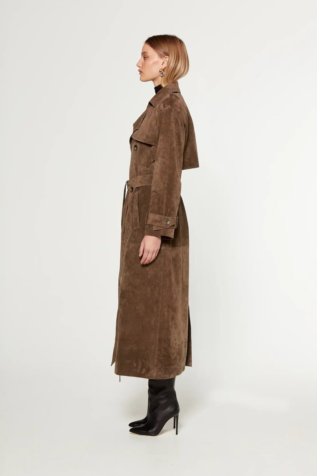 Double-Breasted Belted Suede Trench Coat for Women