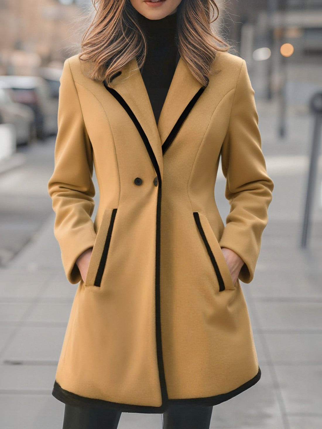 Double-Breasted Coat with Contrasting Trim for Women