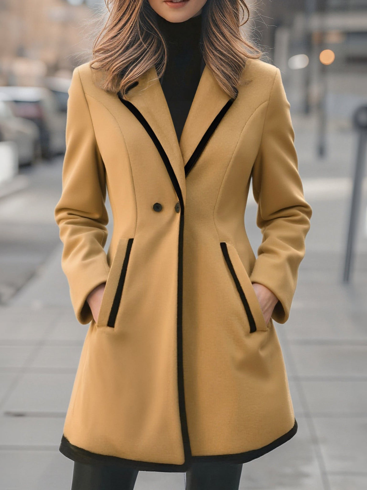 Double-Breasted Coat with Contrasting Trim for Women - Camel