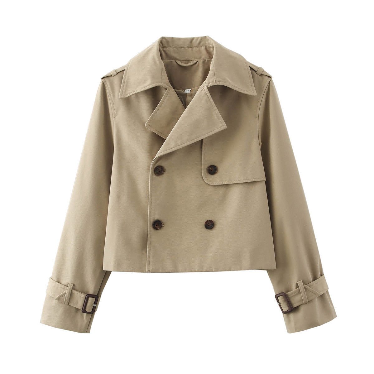 Double-Breasted Cropped Leather Trench Coat for Women - Khaki
