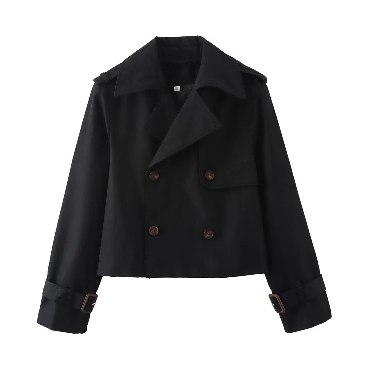 Double-Breasted Cropped Leather Trench Coat for Women - Schwarz