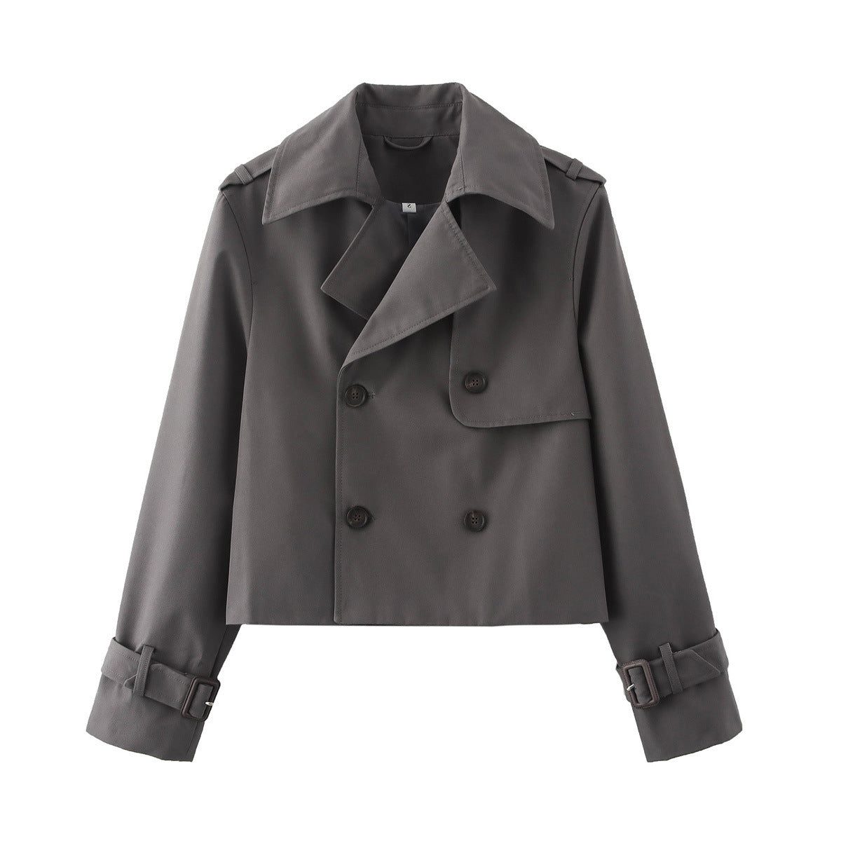 Double-Breasted Cropped Leather Trench Coat for Women - Dunkelgrau