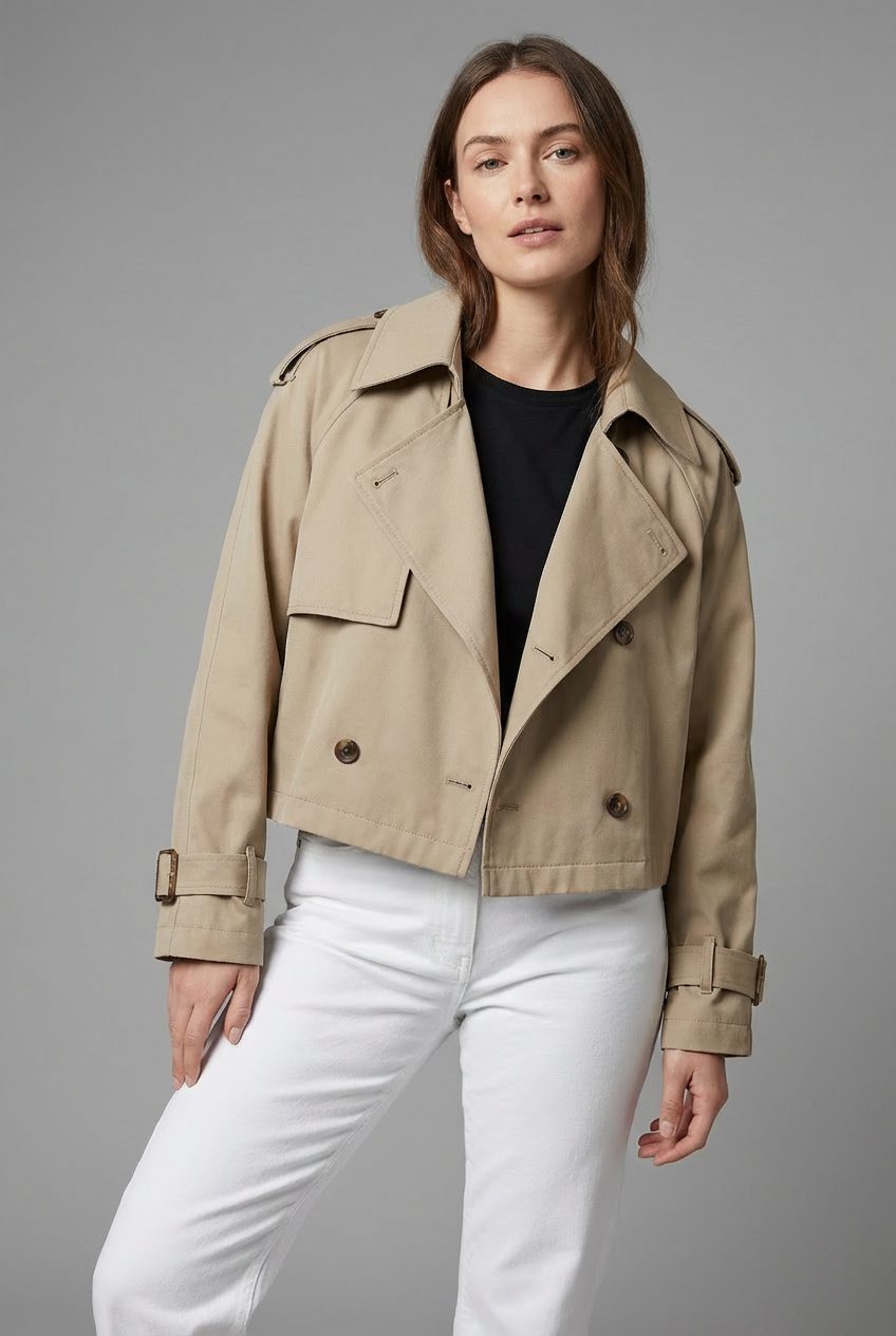 Double-Breasted Cropped Trench Coat for Women