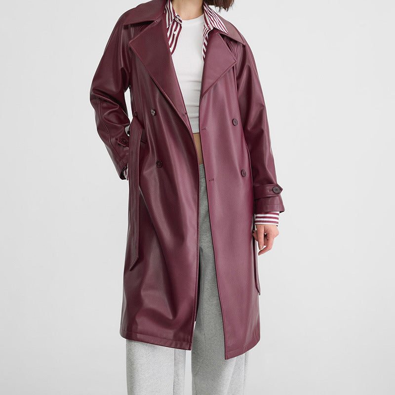 Double-Breasted Leather Trench Coat for Women