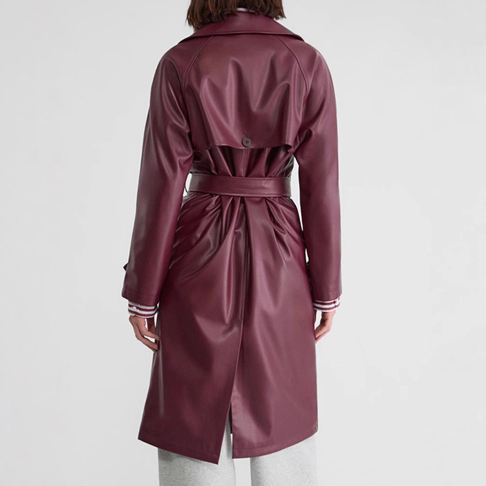Double-Breasted Leather Trench Coat for Women