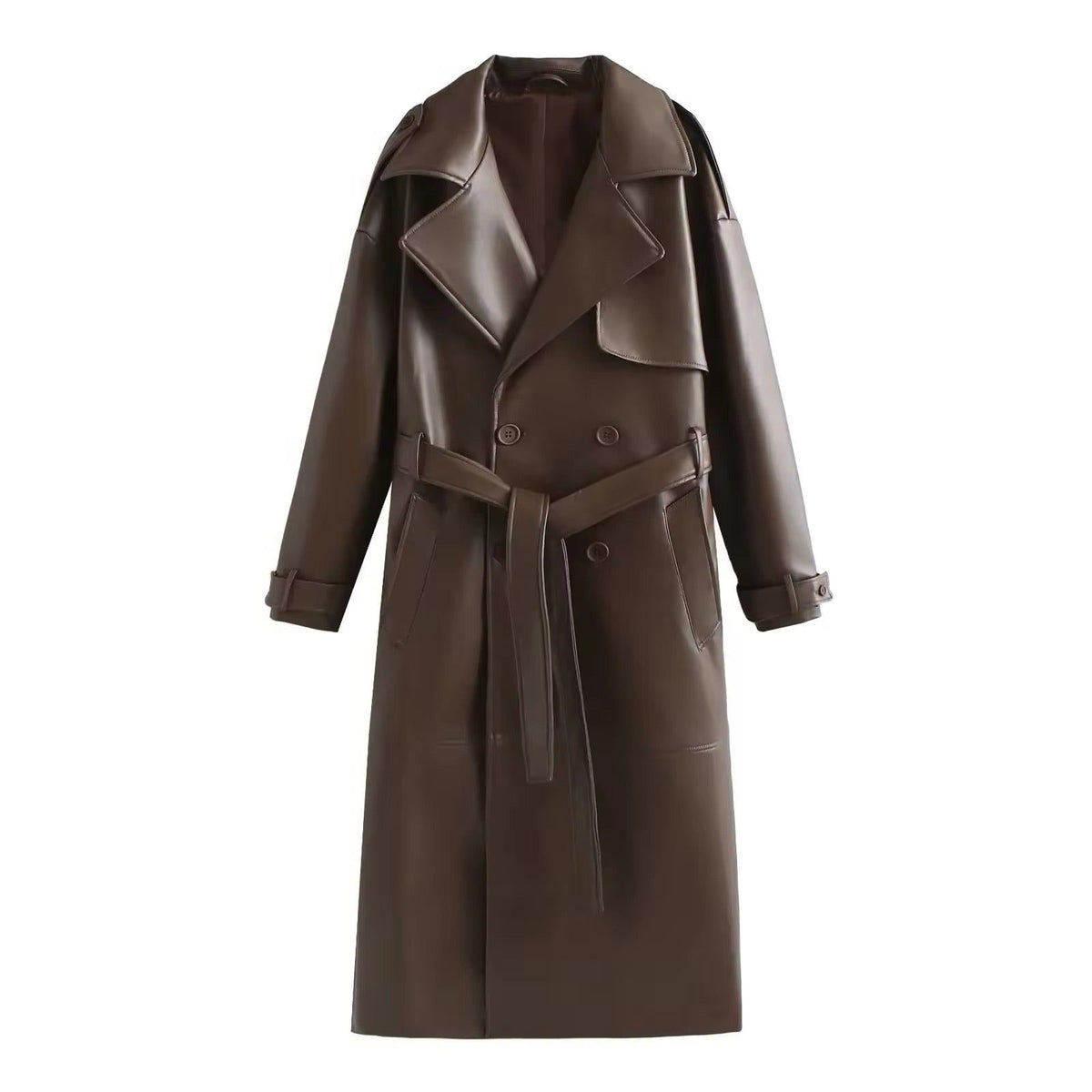 Double-Breasted Longline Leather Trench Coat for Women - Brown