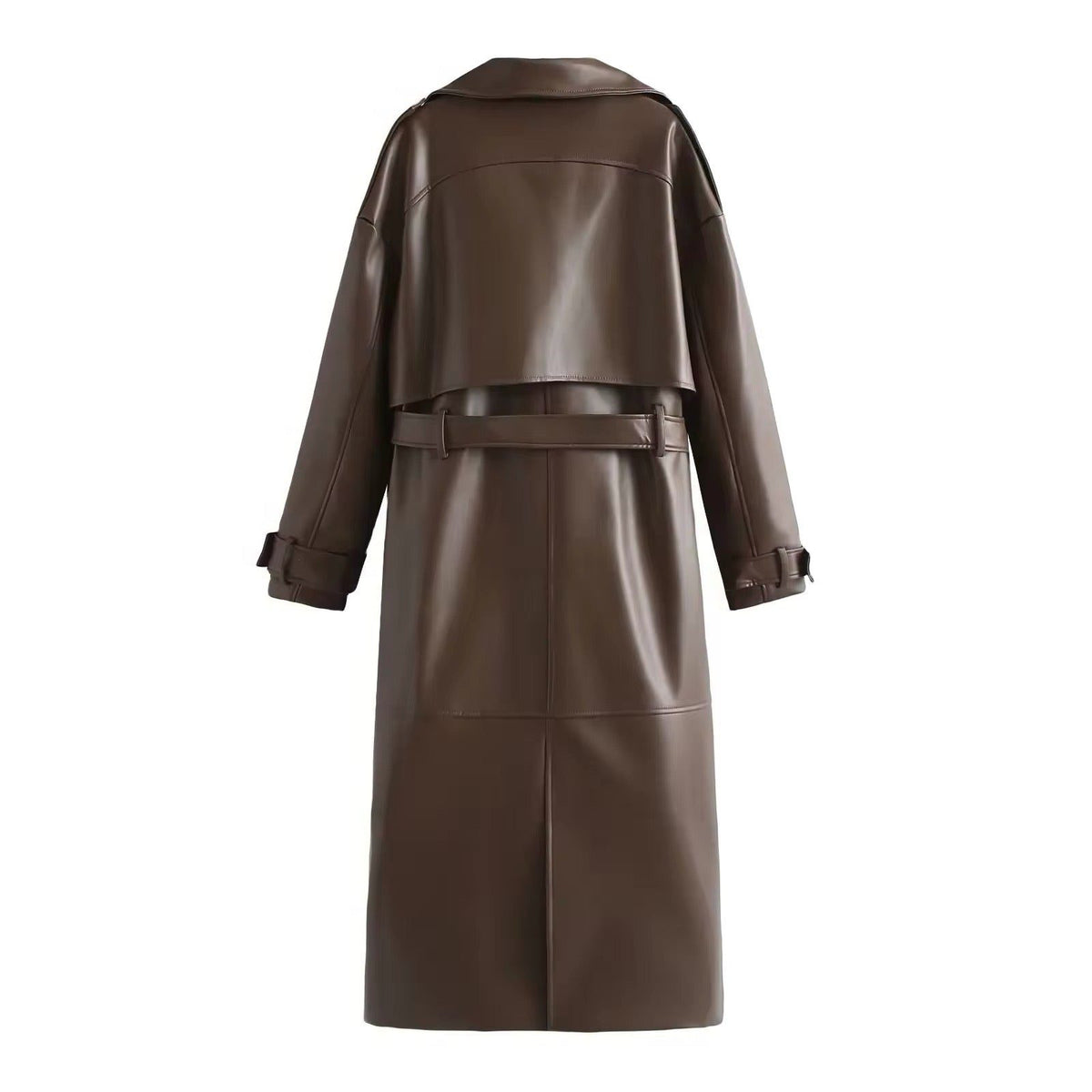 Double-Breasted Longline Leather Trench Coat for Women