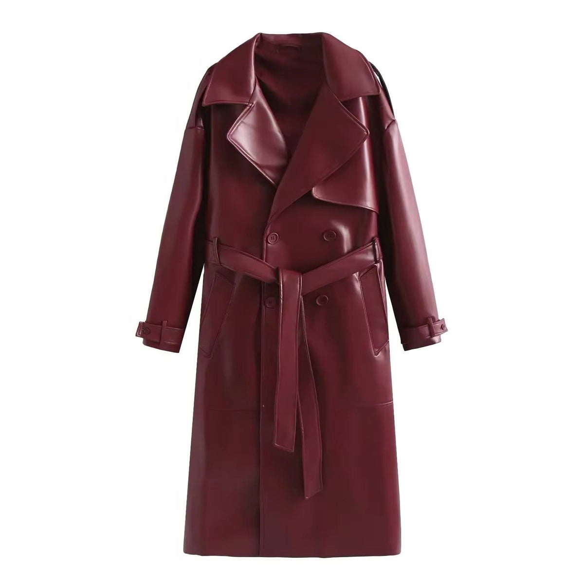 Double-Breasted Longline Leather Trench Coat for Women - Red