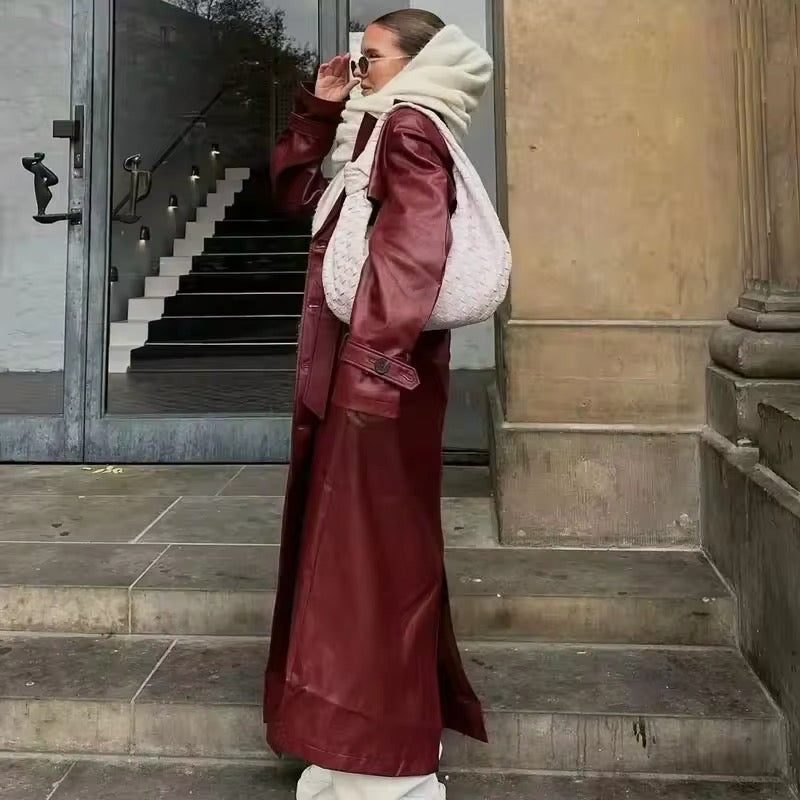 Double-Breasted Longline Leather Trench Coat for Women - View 3
