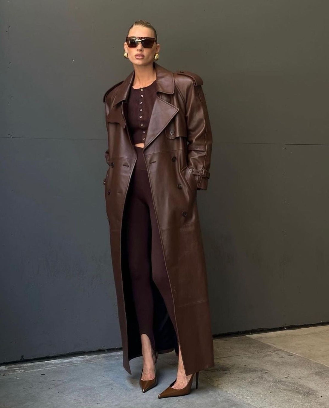 Double-Breasted Longline Leather Trench Coat for Women - View 4