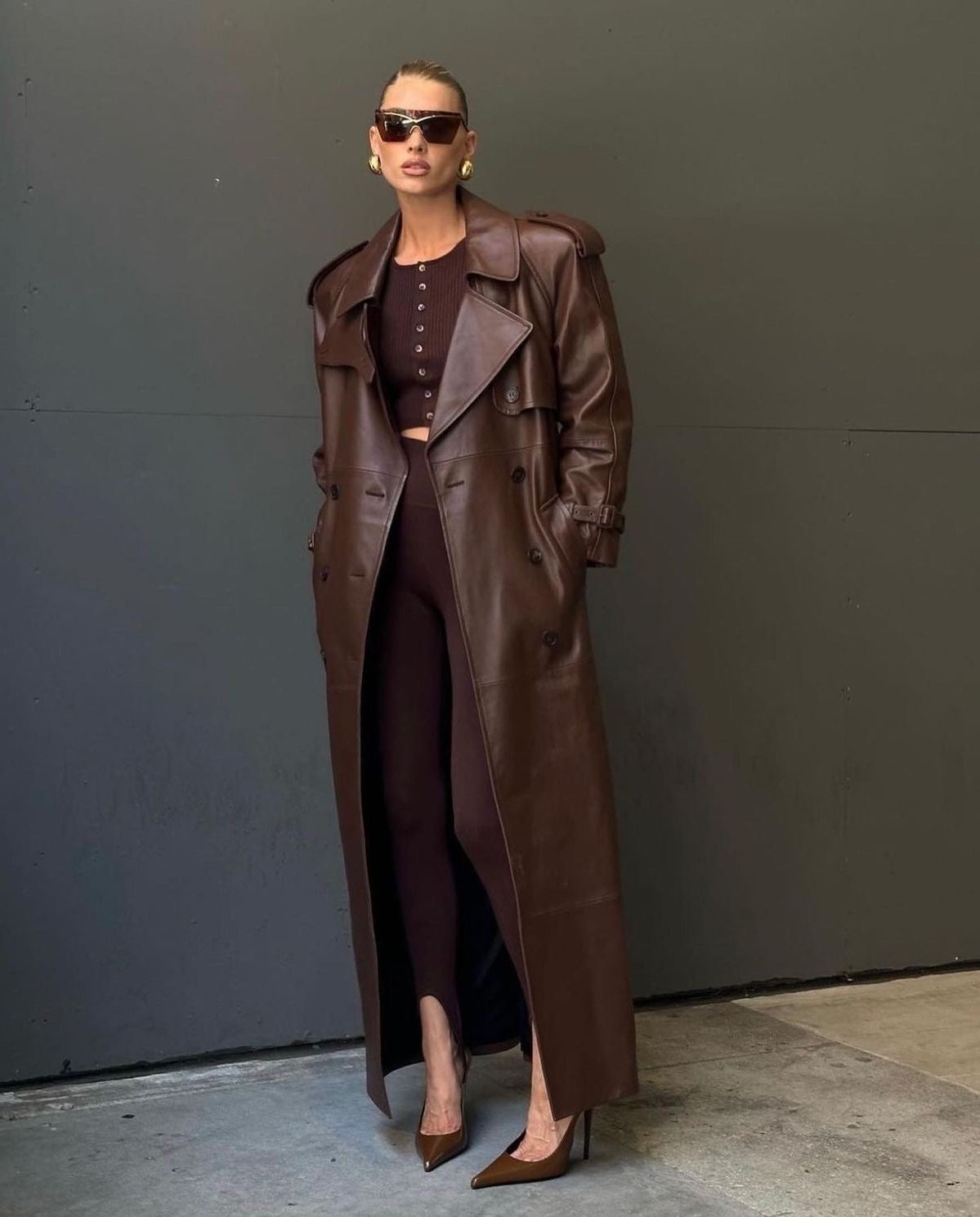 Double-Breasted Longline Leather Trench Coat for Women - View 4
