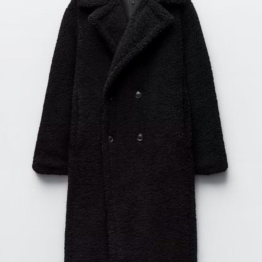 Double-Breasted Maxi Teddy Coat for Women - Czarny
