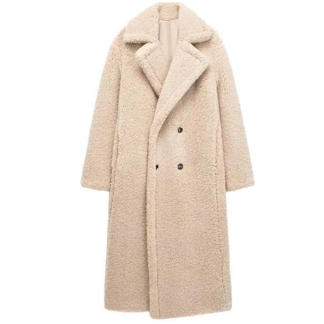 Double-Breasted Maxi Teddy Coat for Women - Czarny