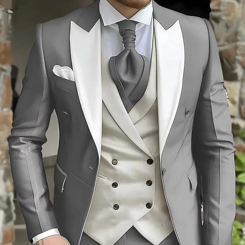 Double-Breasted Peak Lapel Three-Piece Suit for Men - Light Grey