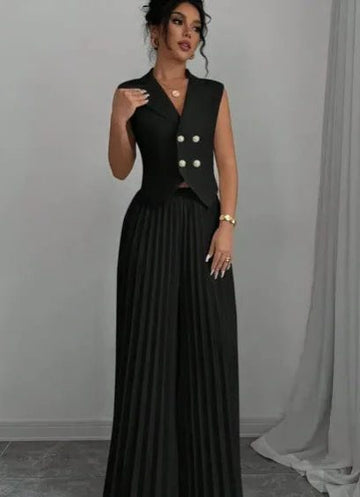 Double-Breasted Sleeveless Blazer with Pleated Wide Leg Trousers Set for Women - Black
