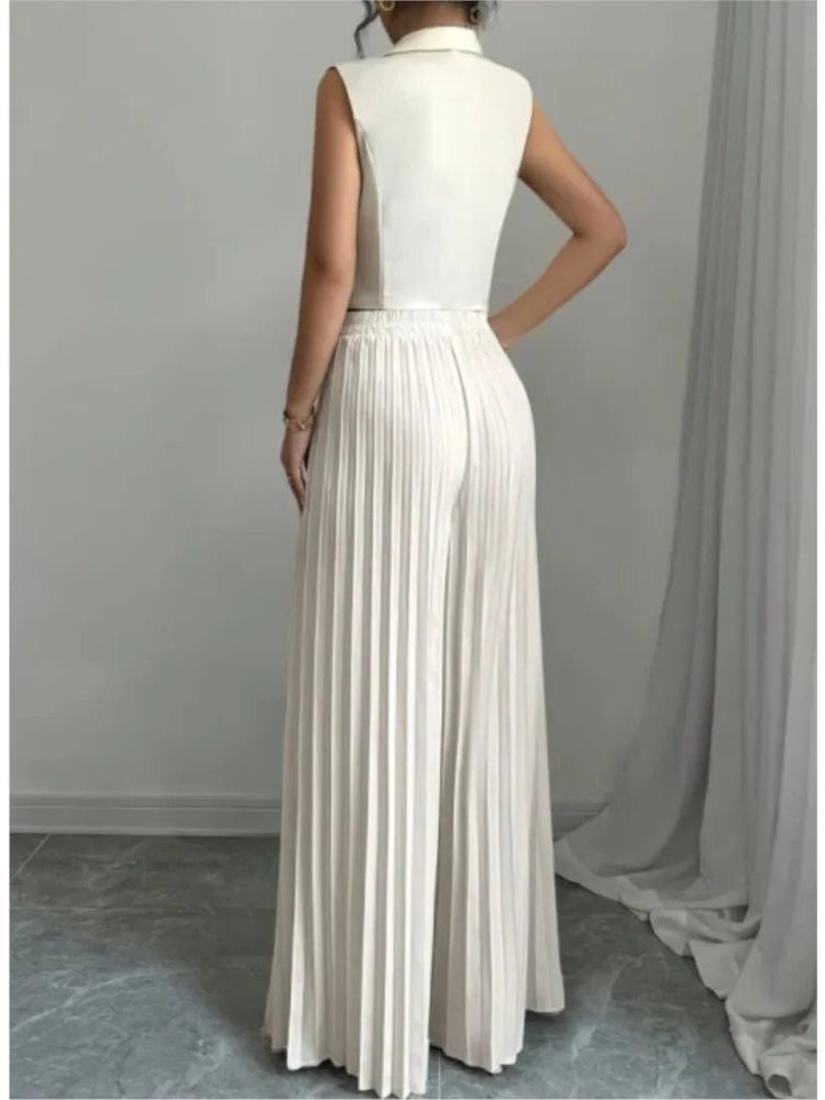 Double-Breasted Sleeveless Blazer with Pleated Wide Leg Trousers Set for Women