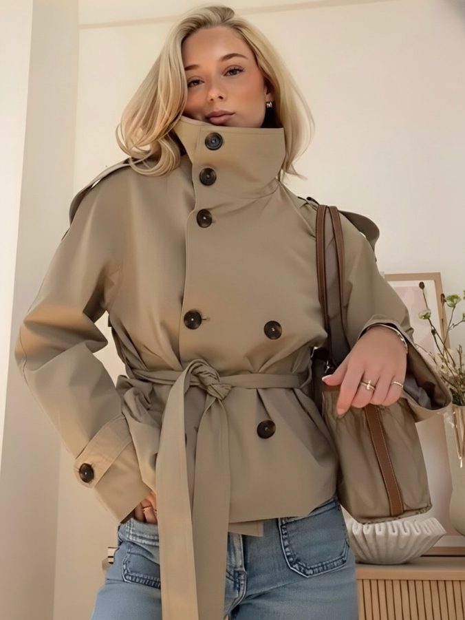 Double-Breasted Stand Collar Belted Jacket for Women