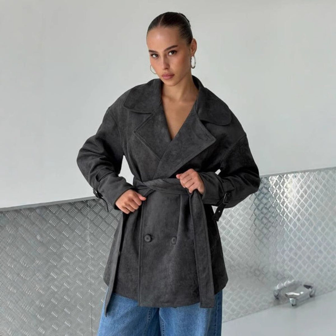 Double-Breasted Suede Coat with Belt for Women