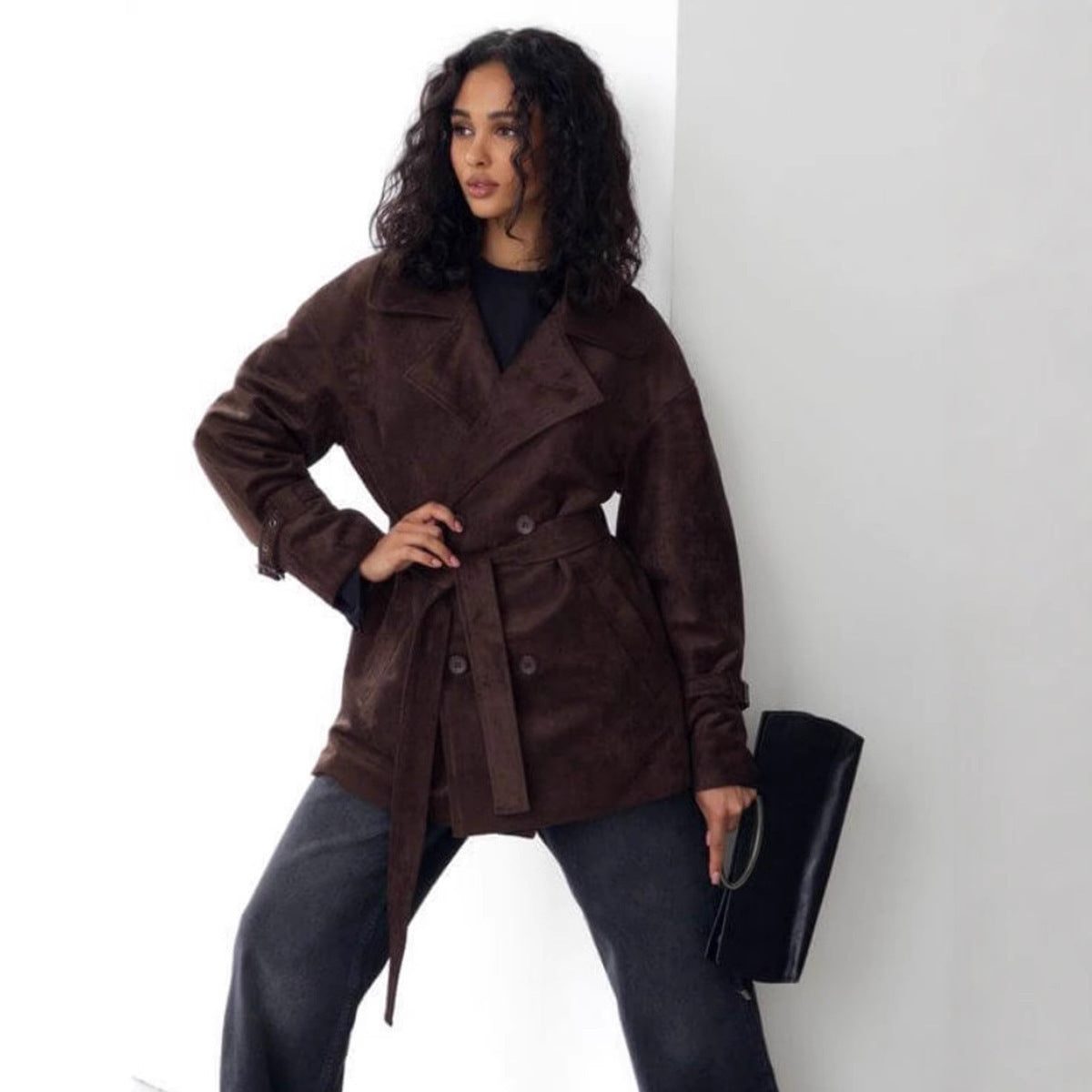 Double-Breasted Suede Coat with Belt for Women - View 2