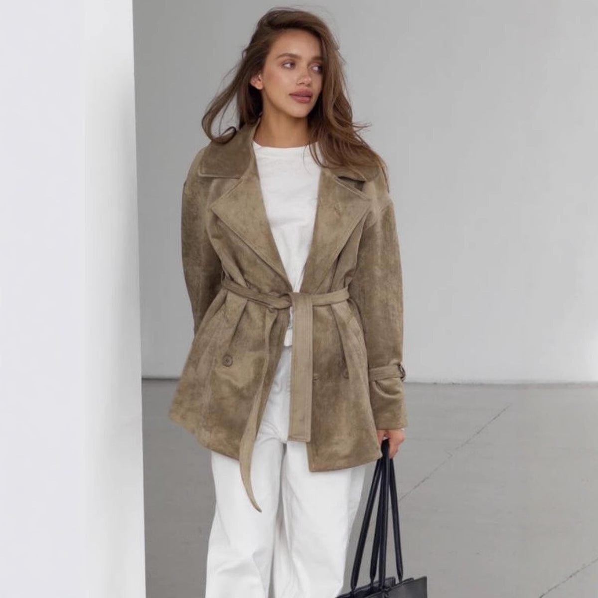 Double-Breasted Suede Coat with Belt for Women - View 3