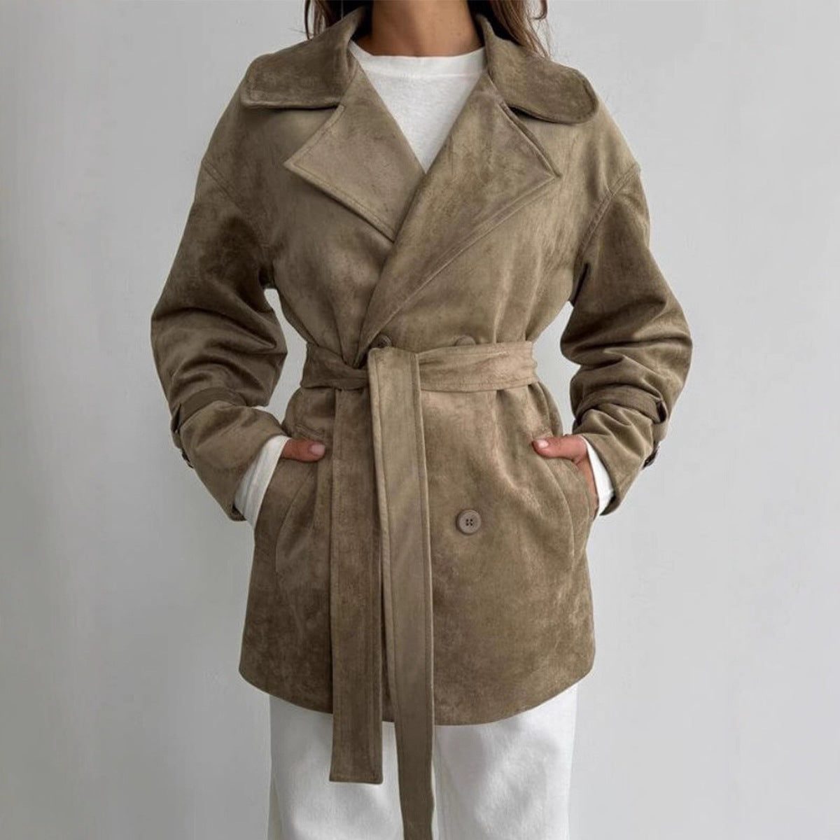 Double-Breasted Suede Coat with Belt for Women - View 4