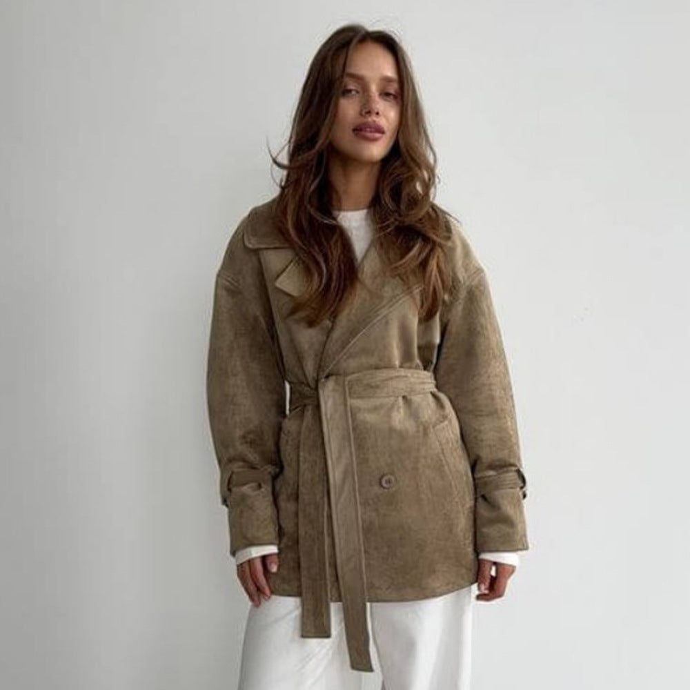Double-Breasted Suede Coat with Belt for Women - Khaki