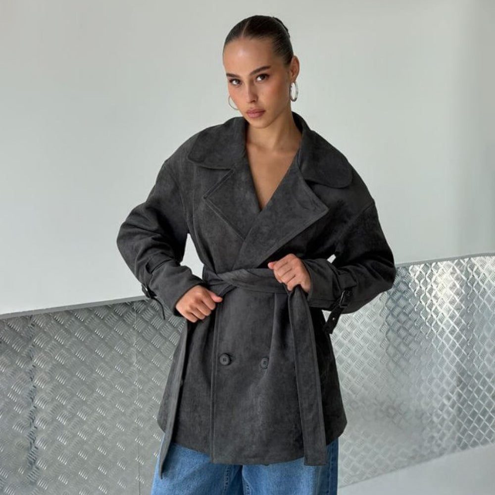 Double-Breasted Suede Coat with Belt for Women - Grau