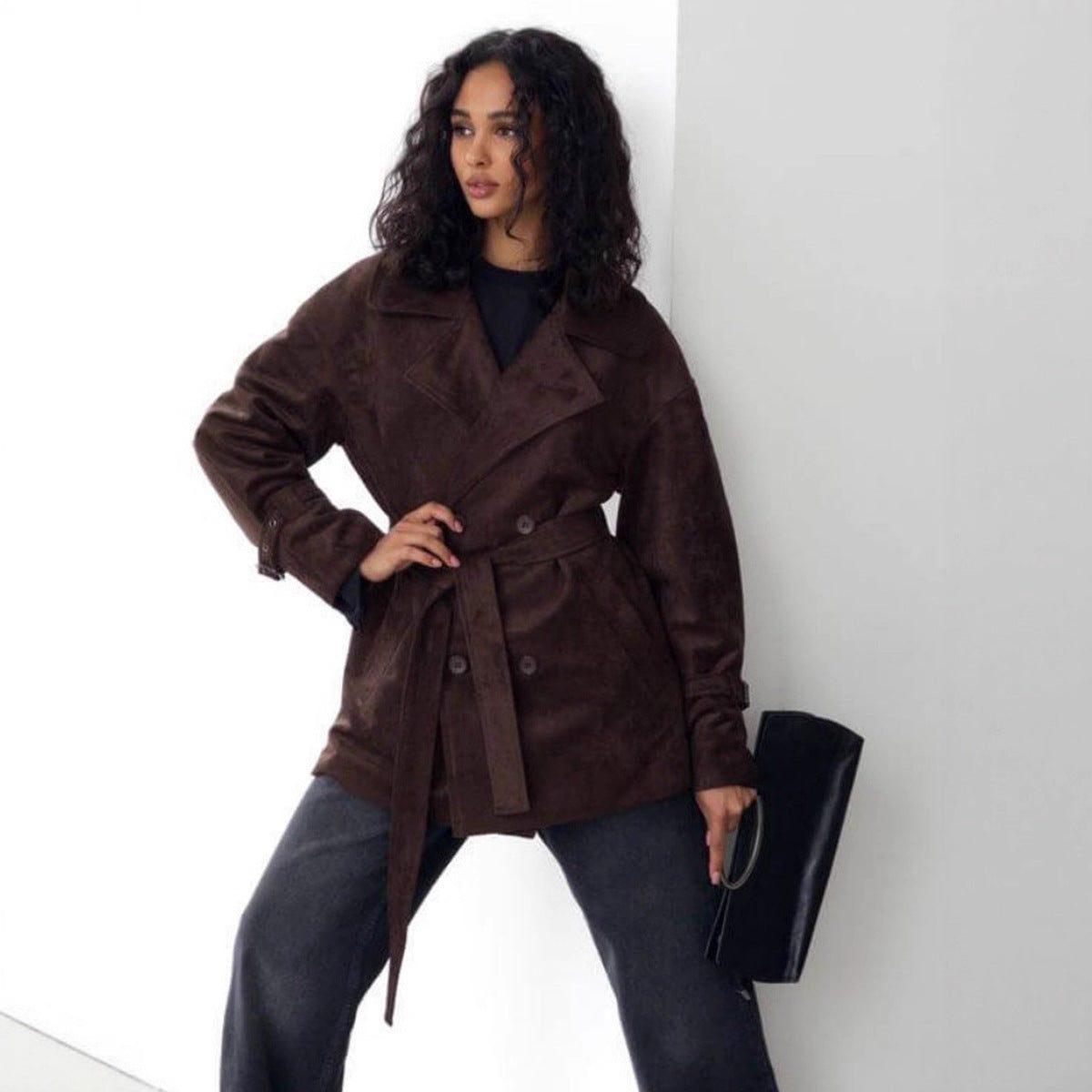Double-Breasted Suede Coat with Belt for Women - Braun