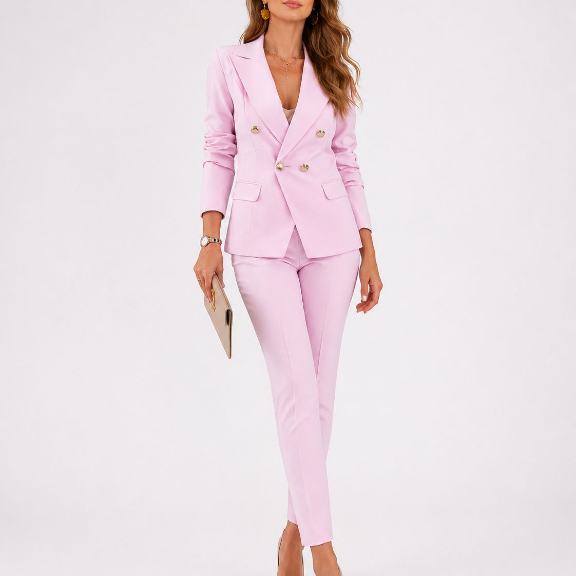 Double-Breasted Tailored Blazer and Trousers Set for Women - Pink