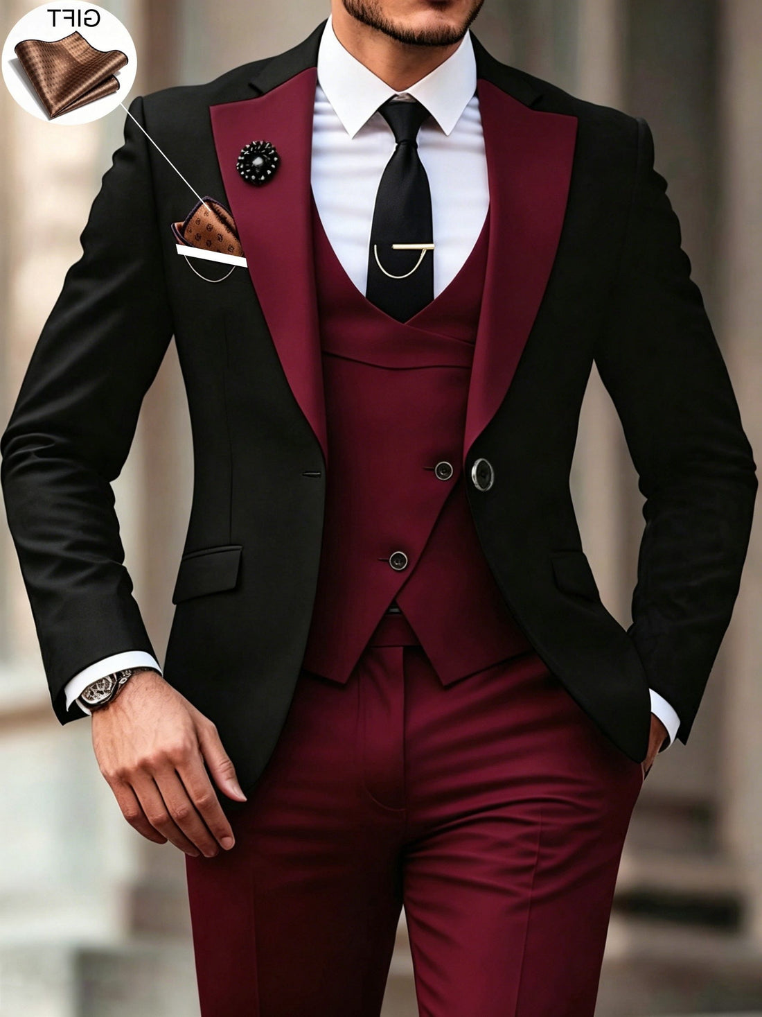 Three-Piece Suit with Contrast Peak Lapel for Men