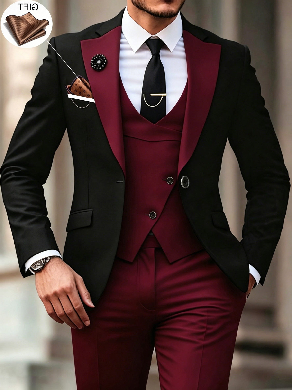 Three-Piece Suit with Contrast Peak Lapel for Men