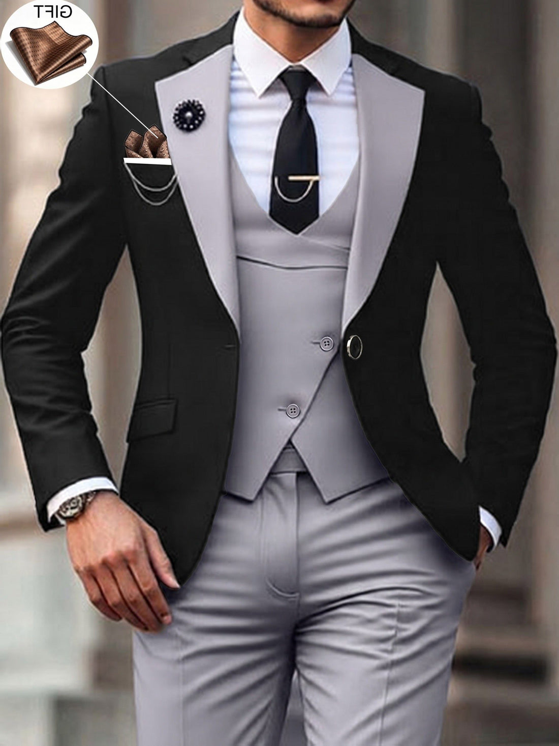 Three-Piece Suit with Contrast Peak Lapel for Men