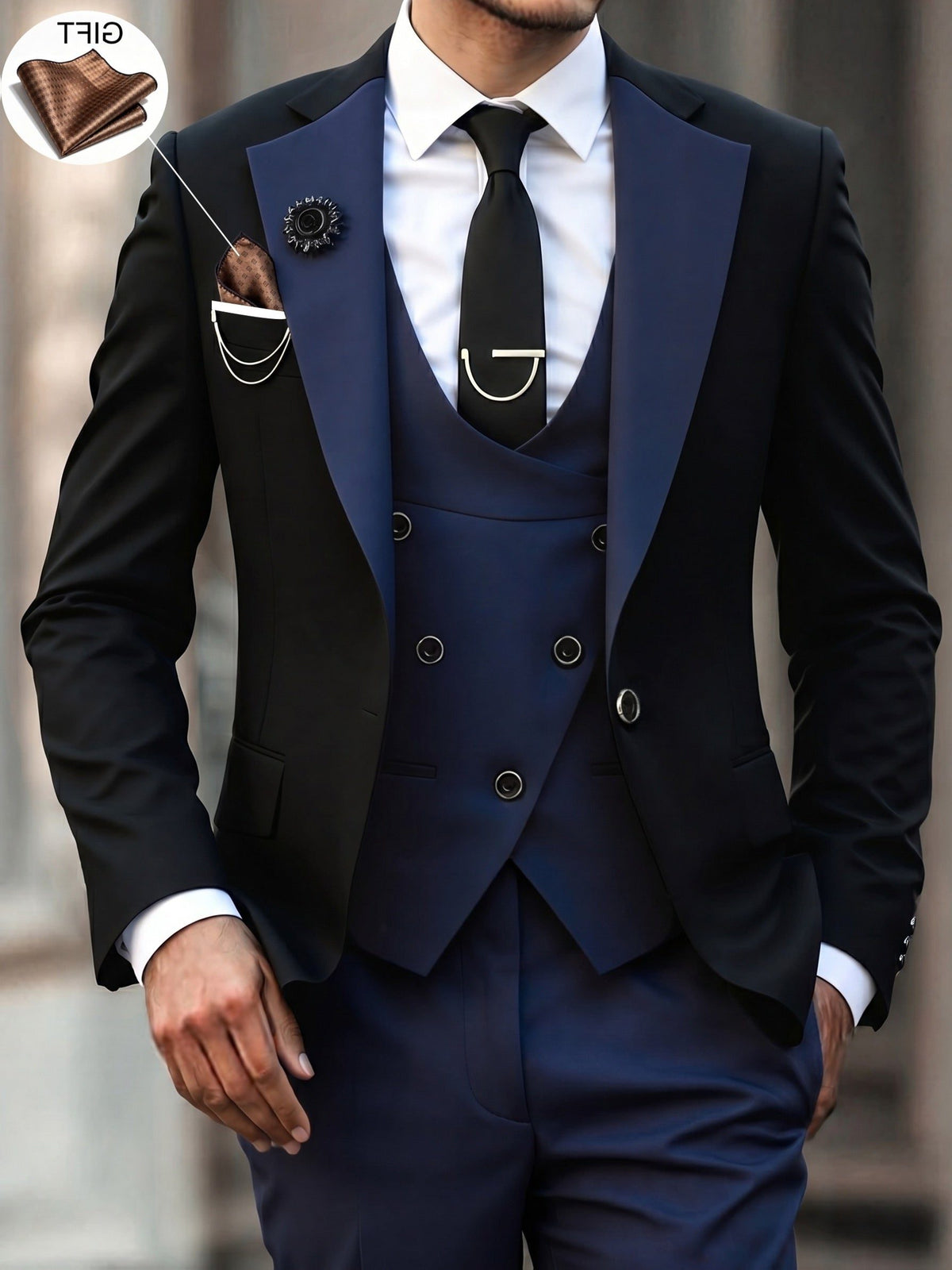 Three-Piece Suit with Contrast Peak Lapel for Men - View 3